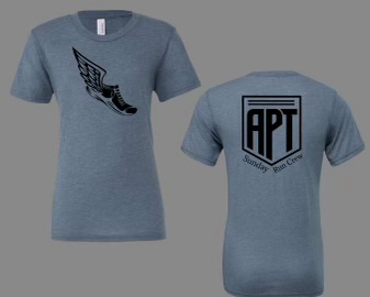 Front and back of APT Sunday Run Crew blue crew tee