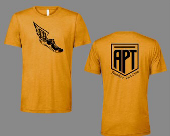 Front and back of APT Sunday Run Crew gold crew tee