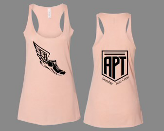 Front and back of APT Sunday Run Crew peach racerback tank