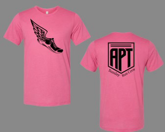 Front and back of APT Sunday Run Crew pink crew tee