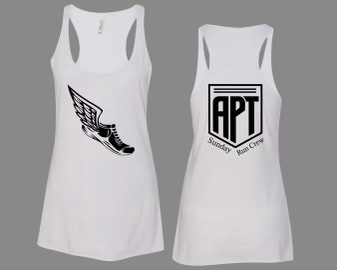 Front and back of APT Sunday Run Crew white racerback tank