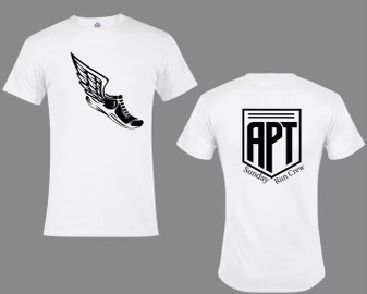Front and back of APT Sunday Run Crew white crew tee